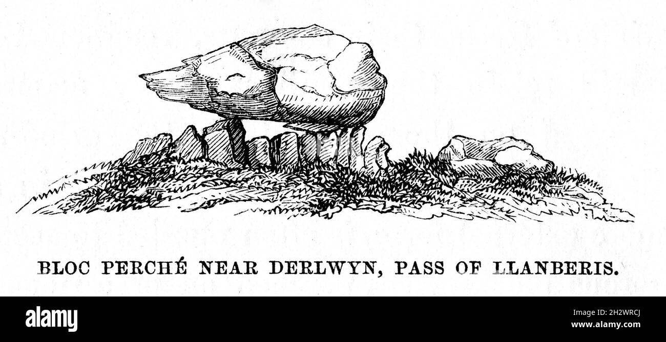 Eine Holzschnitt-Illustration aus dem Jahr 1859 mit dem Titel „Block Perché bei Derlwyn, Pass von Llanberis“. Zeigt einen ausgewogenen Felsen am Llanberis Pass in Snowdonia, Wales. Stockfoto