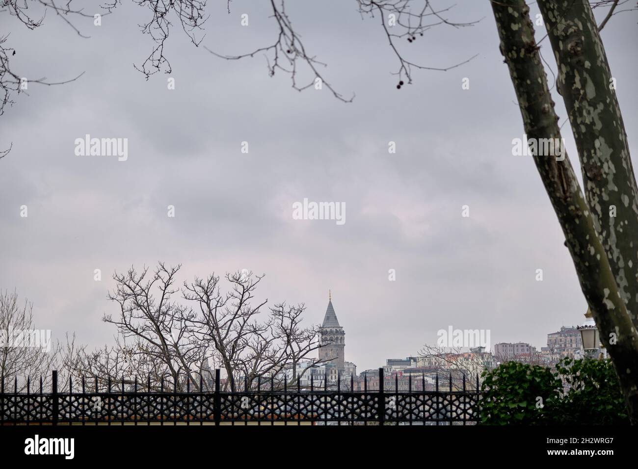 Blick auf den Galata-Turm vom Gulhane Park istanbul während des bewölkten und regnerischen Tages in istanbul im März Stockfoto