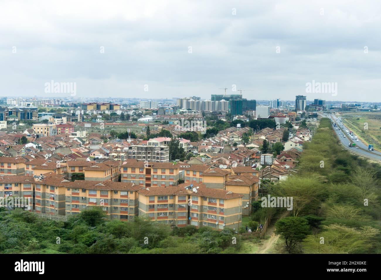 Luftaufnahme der Außenbezirke von Nairobi beim Start vom Flughafen Wilson, Nairobi, Kenia Stockfoto