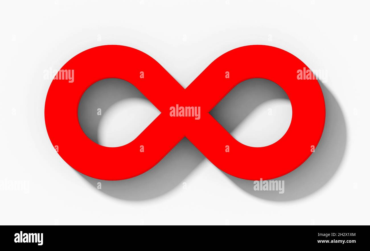 Unendlichkeits-Symbol 3d rot isoliert orthogonal mit Schatten auf weißem Hintergrund - 3d-Rendering Stockfoto