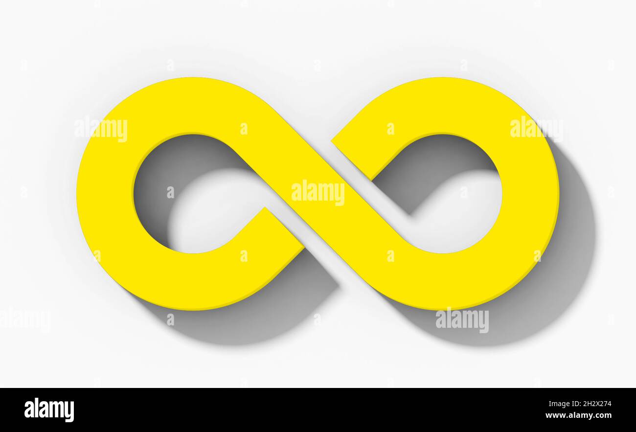 Unendlichkeits-Symbol 3d gelb isoliert orthogonal mit Schatten auf weißem Hintergrund - 3d-Rendering Stockfoto
