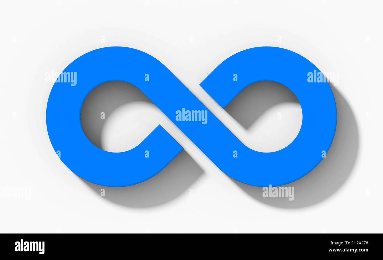 Unendlichkeits-Symbol 3d blau isoliert orthogonal mit Schatten auf weißem Hintergrund - 3d-Rendering Stockfoto