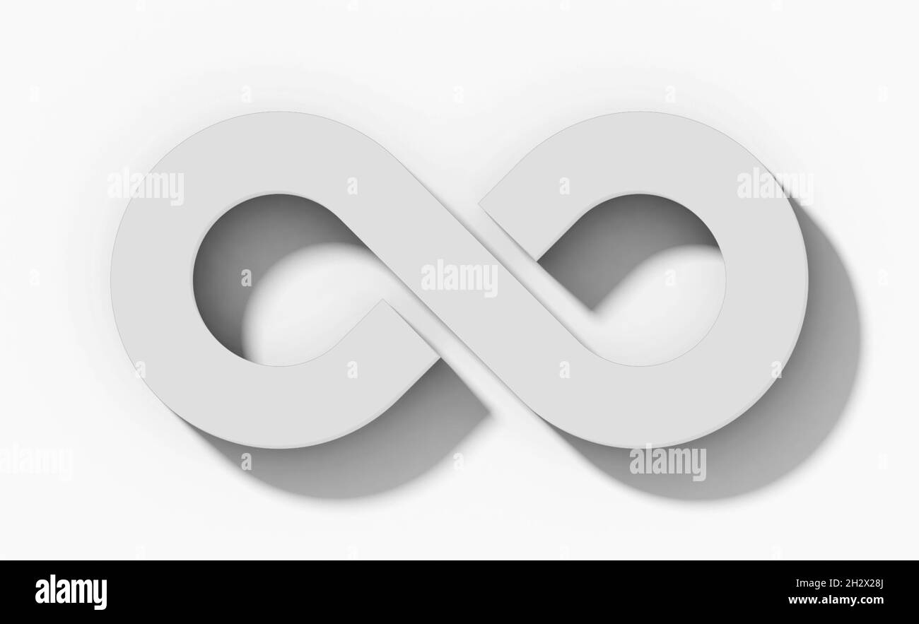 Unendlichkeits-Symbol 3d weiß isoliert orthogonal mit Schatten auf weißem Hintergrund - 3d-Rendering Stockfoto