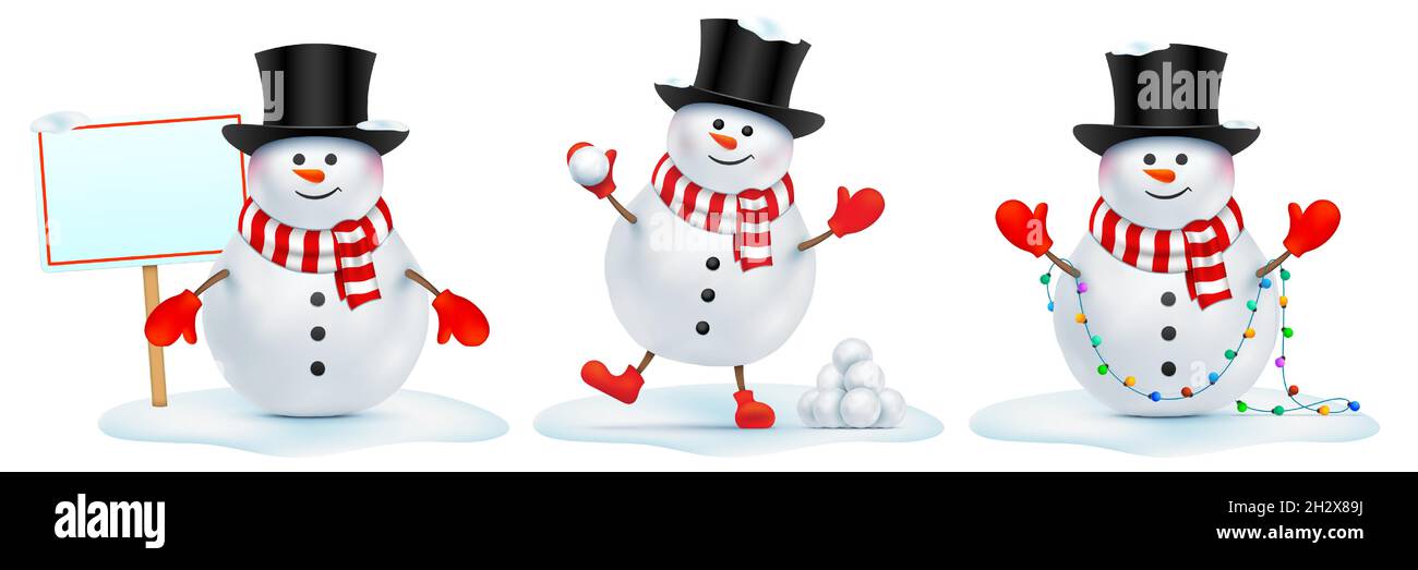 Vector Set von Schneemann Charakter mit verschiedenen Objekten in verschiedenen Situationen. Lustiger Schneemann mit leerem Statement Board, einem Haufen Schneebälle und Weihnachtslichtern, isoliert auf weißem Hintergrund. Stock Vektor