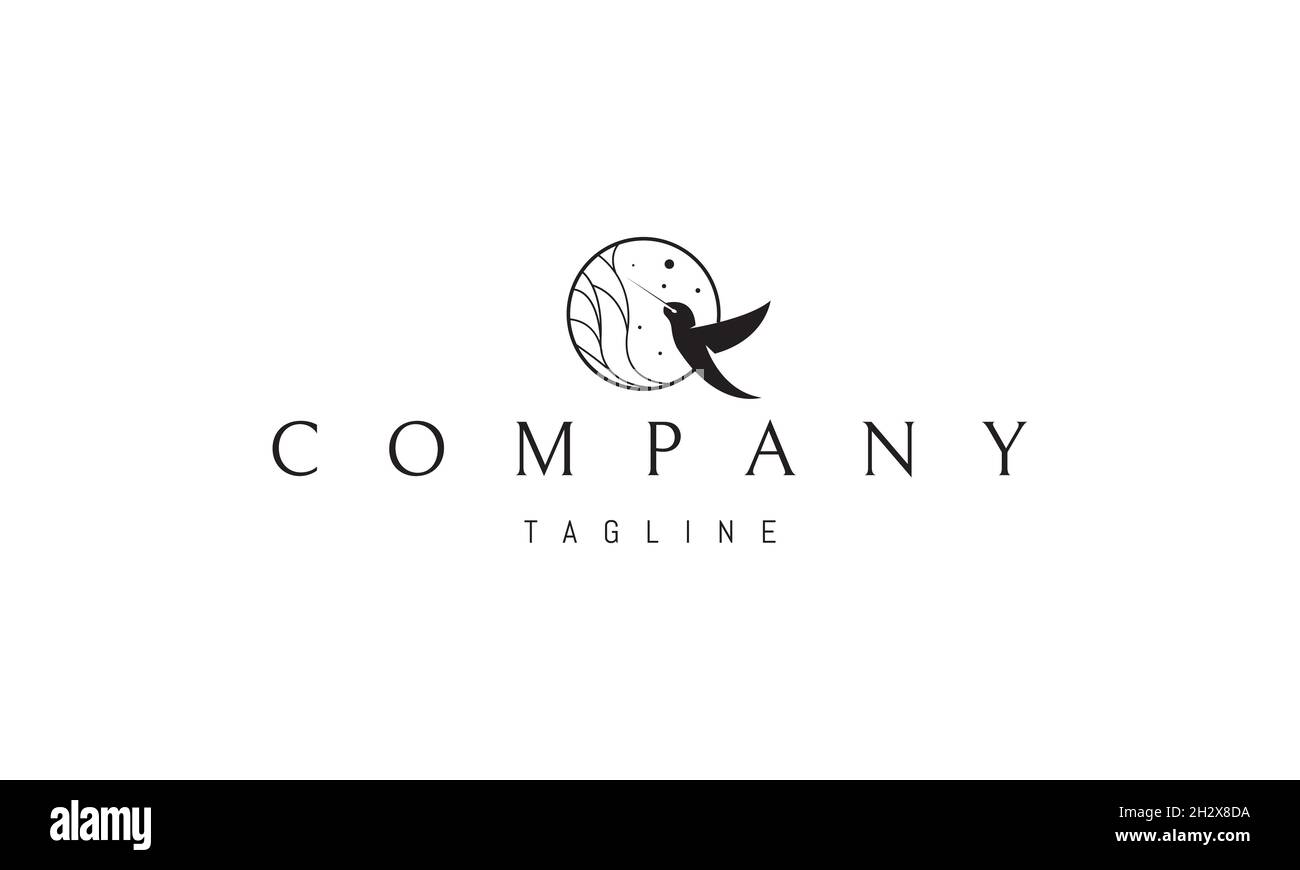 Vektorlogo, auf dem ein abstraktes Bild eines Kolibris im Kreis zum Baum fliegt. Stock Vektor