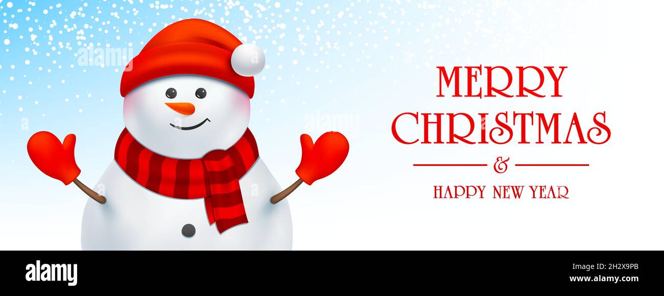Weihnachtsbanner-Design mit fröhlichem Schneemann und Grußtext auf blauem, schneebedecktem Hintergrund. Weihnachten und Neujahr horizontale Vektor-Hintergrund, mit Weihnachtsmann. Stock Vektor