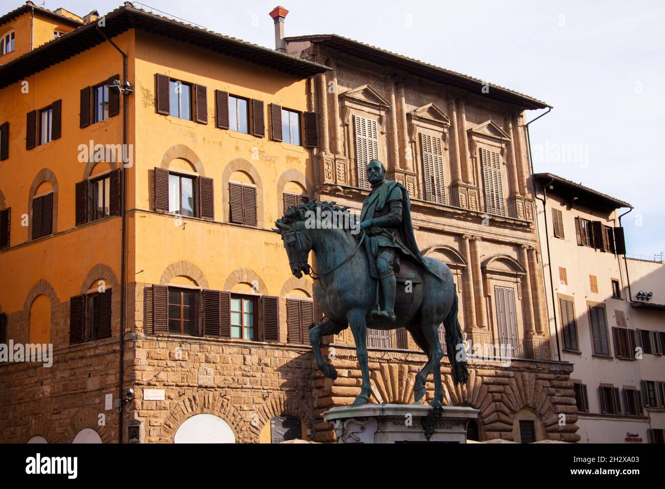 Statue von Cosimo I de Medici zu Pferd, Großherzog der Toskana, auf der Piazza della Signoria, Florenz, Toskana, Italien, Europa. Stockfoto