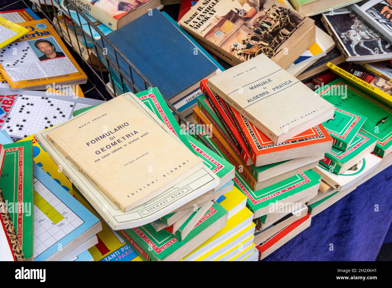 Alte Schulbücher oder Lehrbücher zum Verkauf auf dem Straßenmarkt Mercato di Porta Portese im Stadtteil Trastevere in Rom, Italien Stockfoto