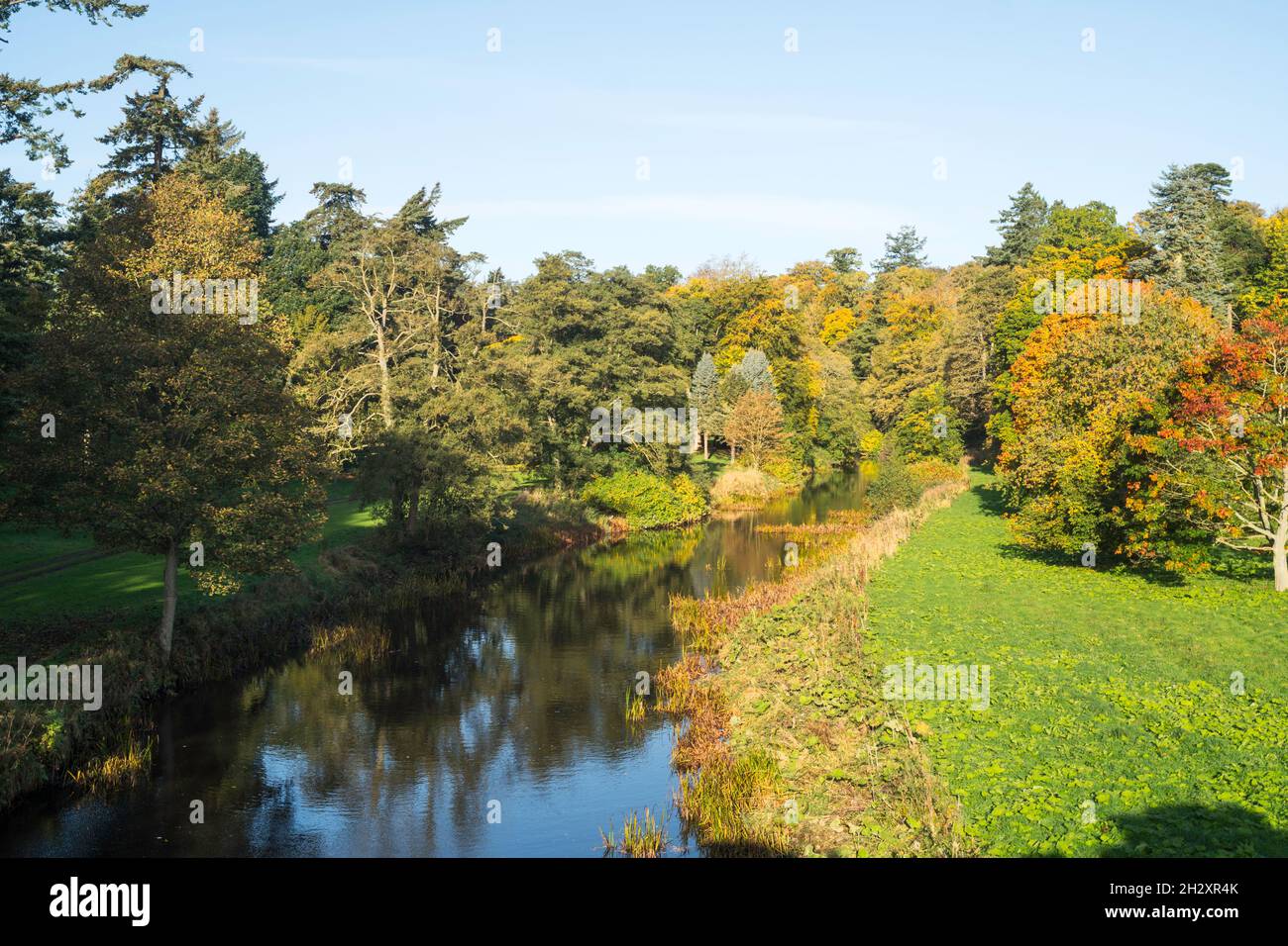 Herbstansicht des Flusses Aln, der in der Nähe von Alnwick in Northumberland, England, Großbritannien, vorbeifließt Stockfoto