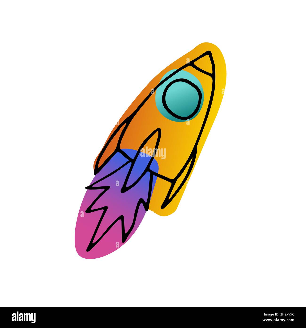 Heller Raum Doodle Aufkleber. Rakete auf weißem Hintergrund isoliert. Gradient rosa, orange, blau neonfarben astronomisches Objekt. Raumschiff Symbol von trav Stock Vektor