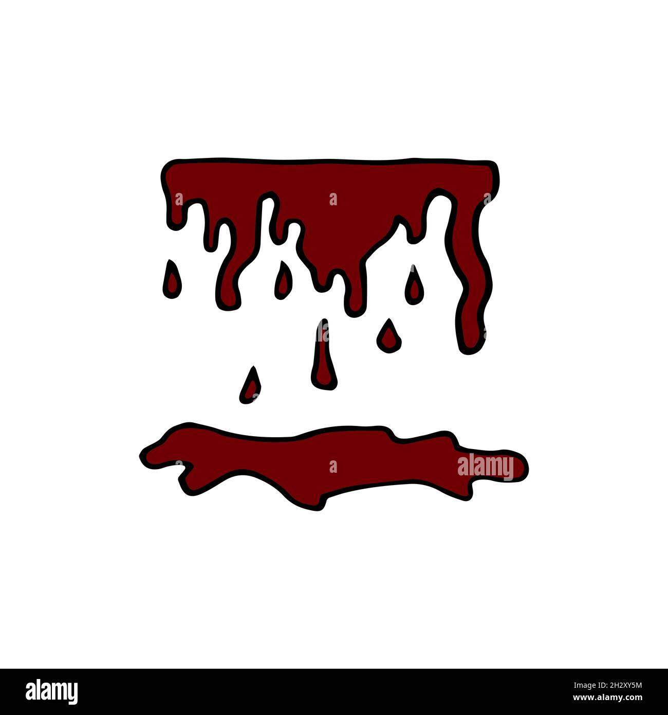 Doodle tropfende Flüssigkeit. Handgezeichnete rote Farbtropfen isoliert auf weißem Hintergrund. Abfließen von Blobs. Tinte tropft mit einer Pfütze darunter. Halloween Stock Vektor