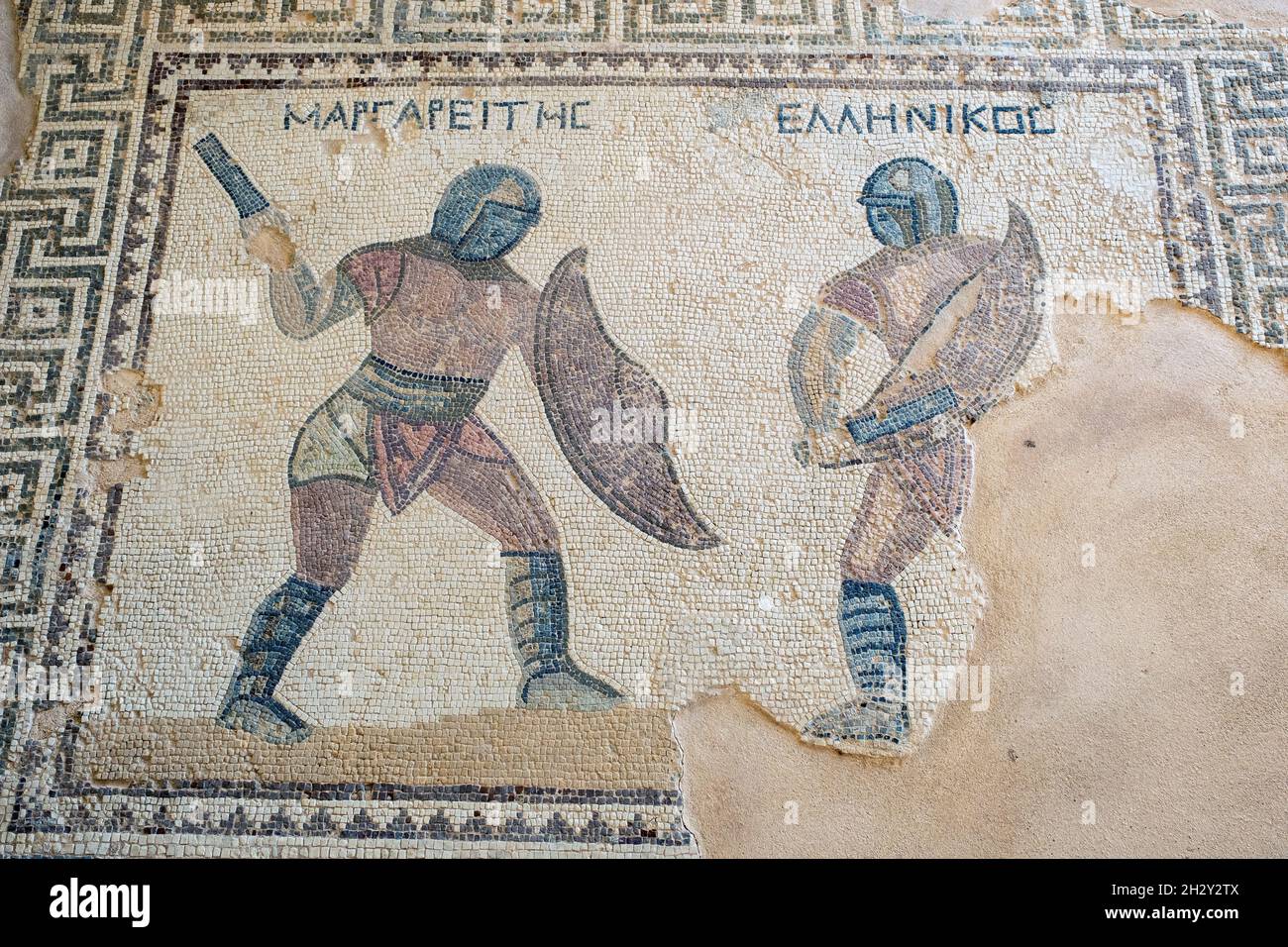 Gladiator Mosaik im Gladiatorenhaus, an der archäologischen Stätte von  Kourion, Republik Zypern Stockfotografie - Alamy