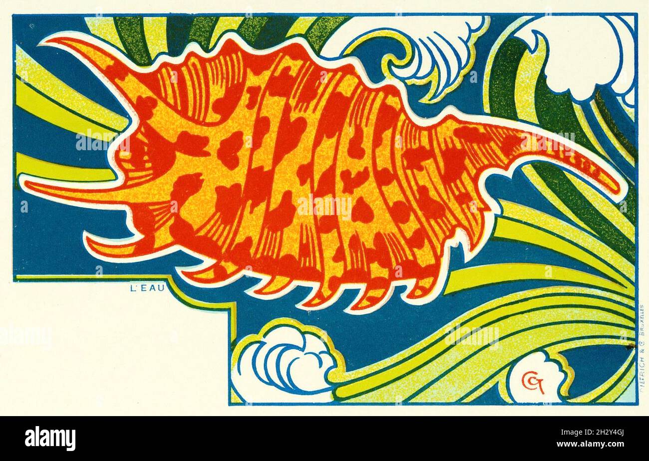 Gisbert Combaz Kunstwerk - Postkarte, die das Element Wasser darstellt. Stockfoto
