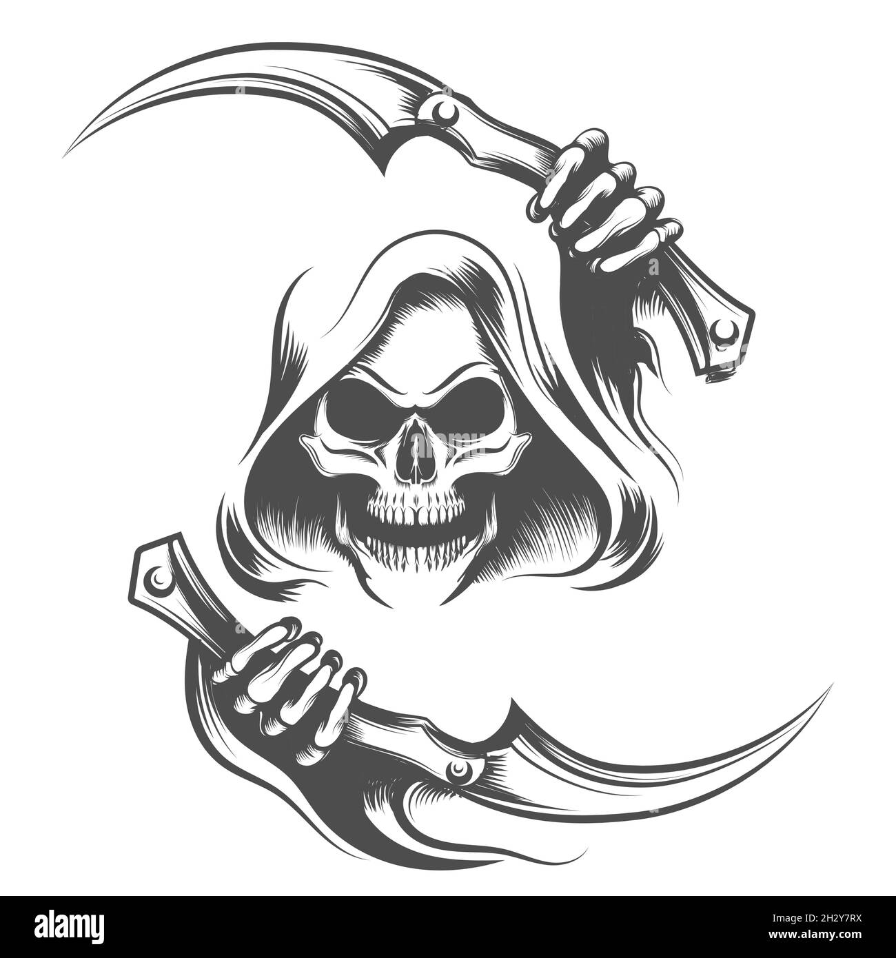 Tattoo of Skull in a Hood hält Sensen in Händen isoliert auf weiß. Vektorgrafik. Stock Vektor