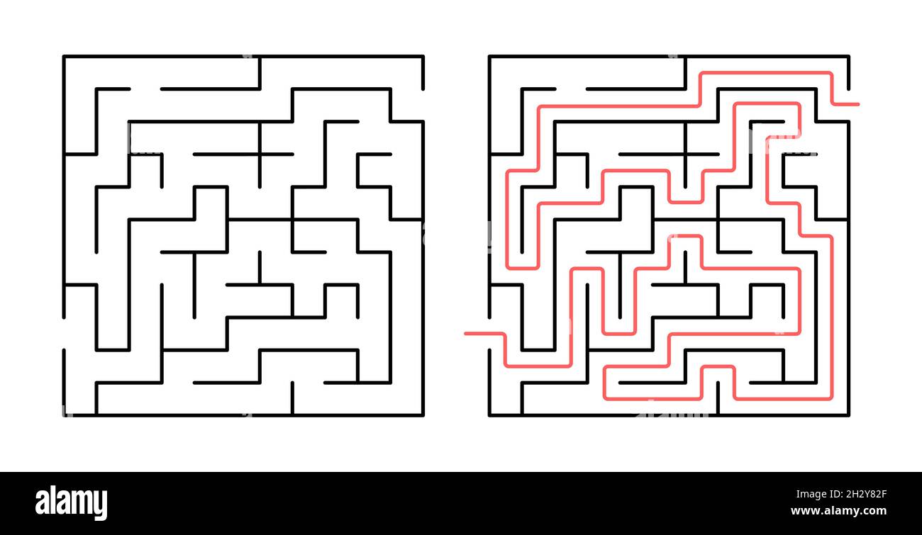 Labyrinth. Labyrinth-Spiel mit Lösung. Vektor-Rebus für Kinder. Logik, wie man Quiz findet. Stock Vektor