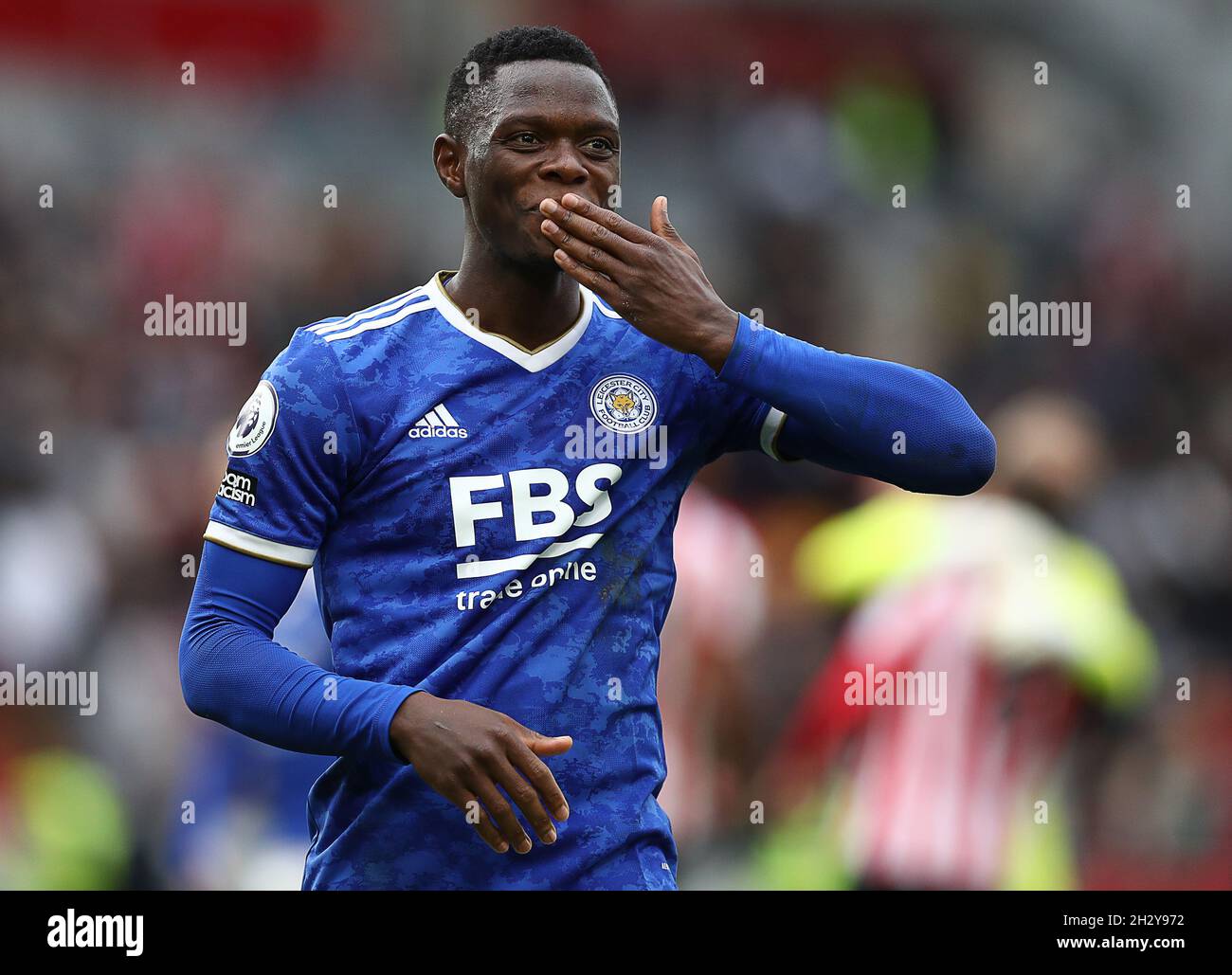 London, England, 24. Oktober 2021. Patson Daka aus Leicester City feiert nach dem Premier League-Spiel im Brentford Community Stadium, London. Bildnachweis sollte lauten: Paul Terry / Sportimage Stockfoto