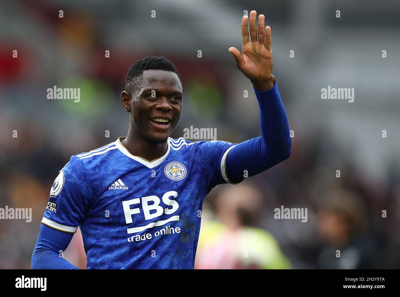 London, England, 24. Oktober 2021. Patson Daka aus Leicester City feiert nach dem Premier League-Spiel im Brentford Community Stadium, London. Bildnachweis sollte lauten: Paul Terry / Sportimage Stockfoto