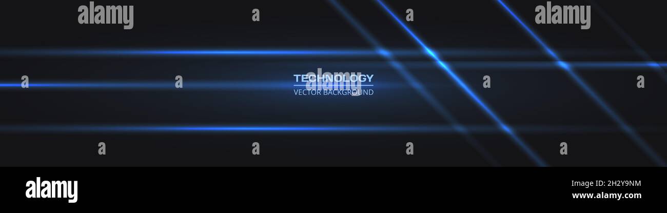 Schwarzes breites abstraktes horizontales Technologiebanner mit blauen Neonlinien. Stock Vektor