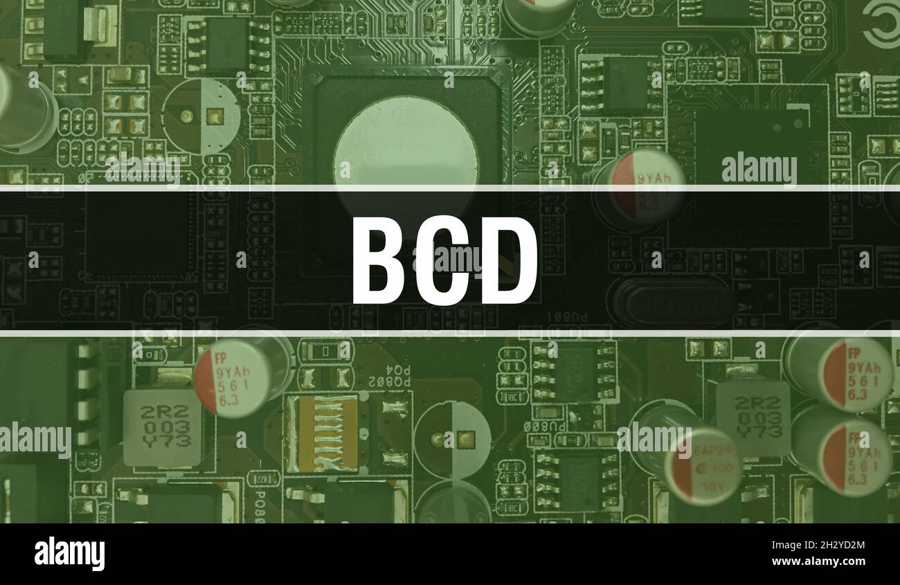 Abbildung des BCD-Konzepts mit Computerchip in der Leiterplatte. BCD-Nahaufnahme des integrierten Schalttafel-Hintergrunds. BCD auf Electronic Computer Hardwa Stockfoto