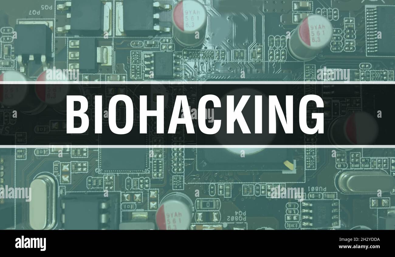 Biohacking mit Technologie Motherboard Digital. Biohacking und Computer Circuit Board Elektronische Computer Hardware Technologie Motherboard Digital Chip Stockfoto