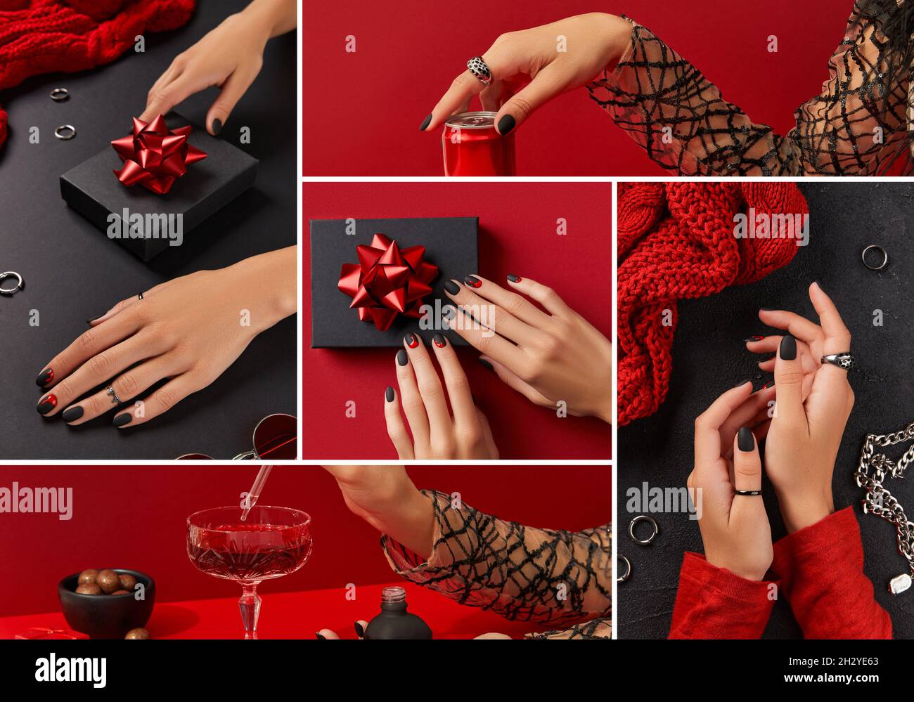 Collage mit gepflegten weiblichen Händen und modischen Accessoires Stockfoto