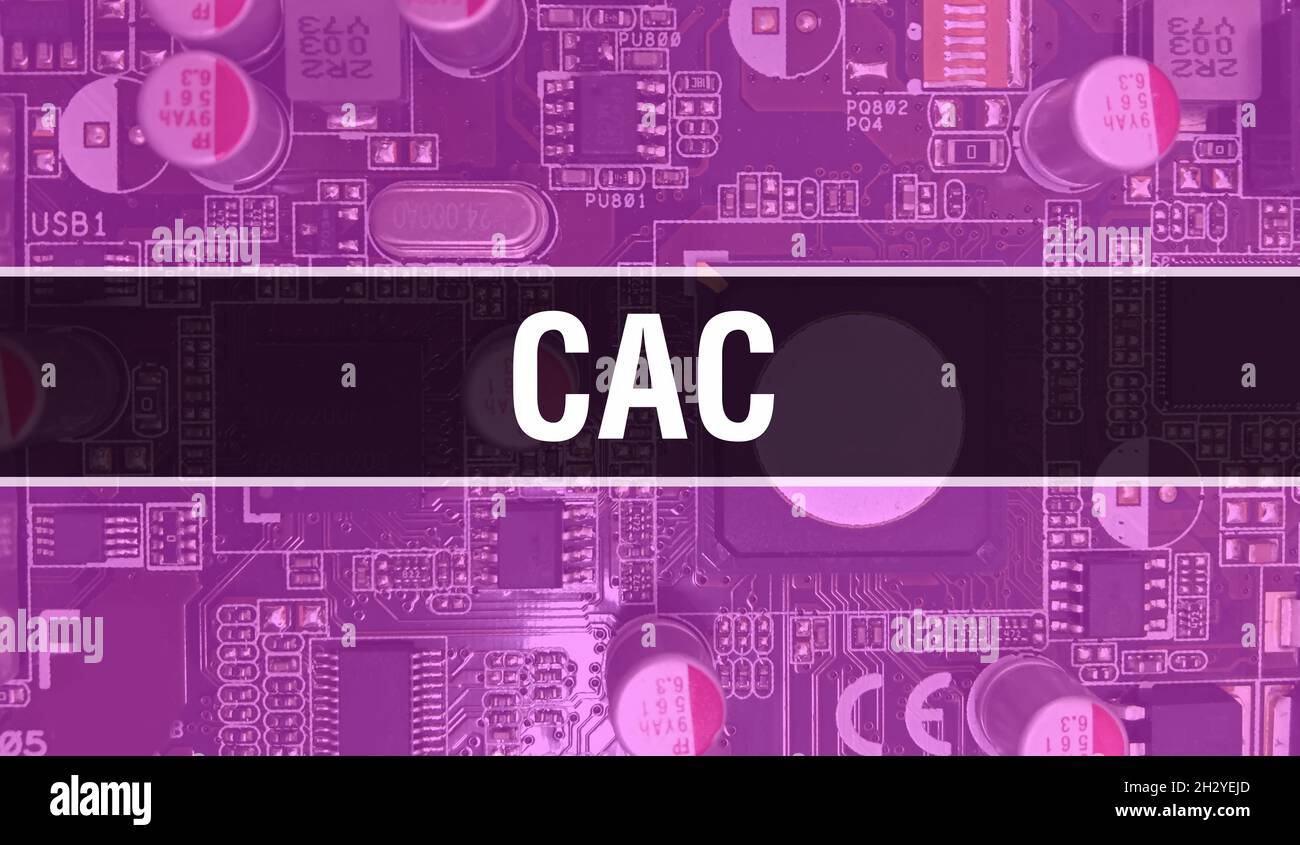 CAC-Konzept mit elektronischer integrierter Schaltung auf Leiterplatte. CAC mit Computerchip in Circuit Board abstrakt Technologie Hintergrund und Chip schließen Stockfoto