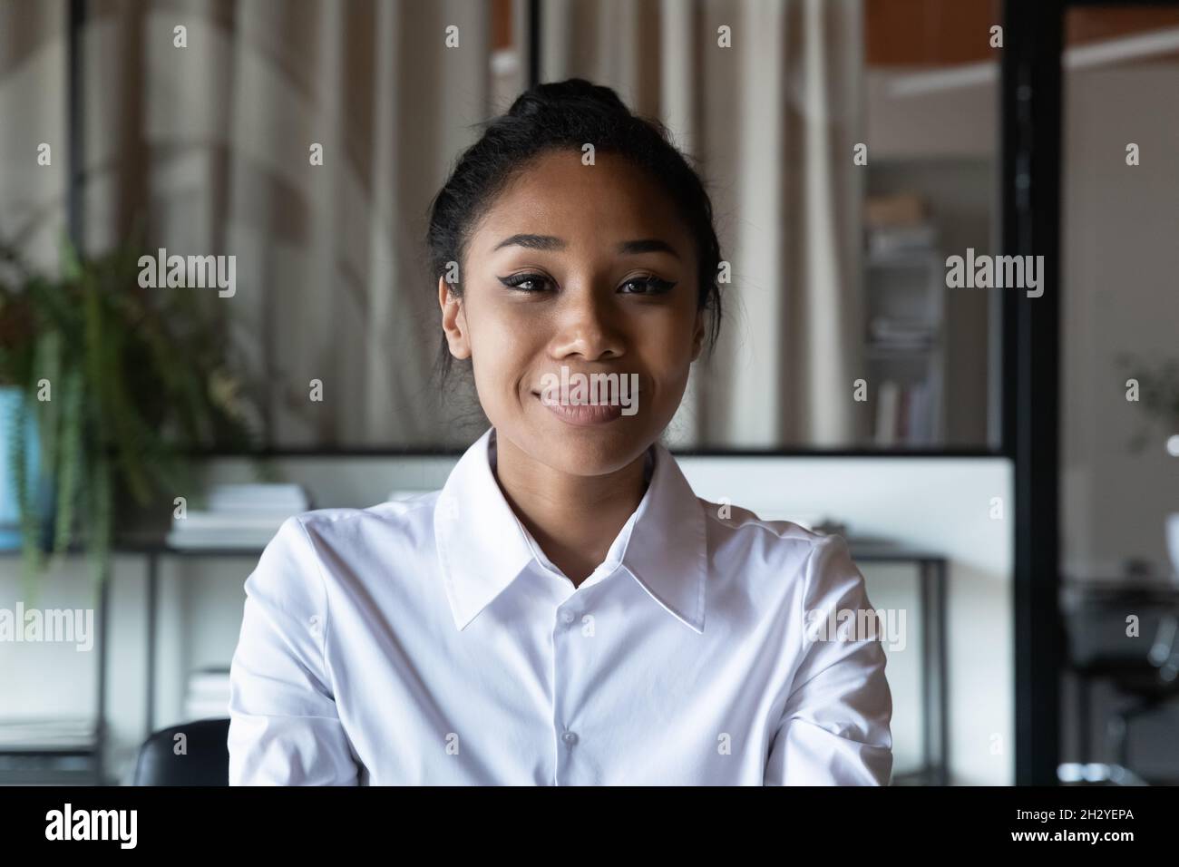 Lächelnd selbstbewusst junge asiatische Geschäftsfrau halten Job Interview von Videocall Stockfoto