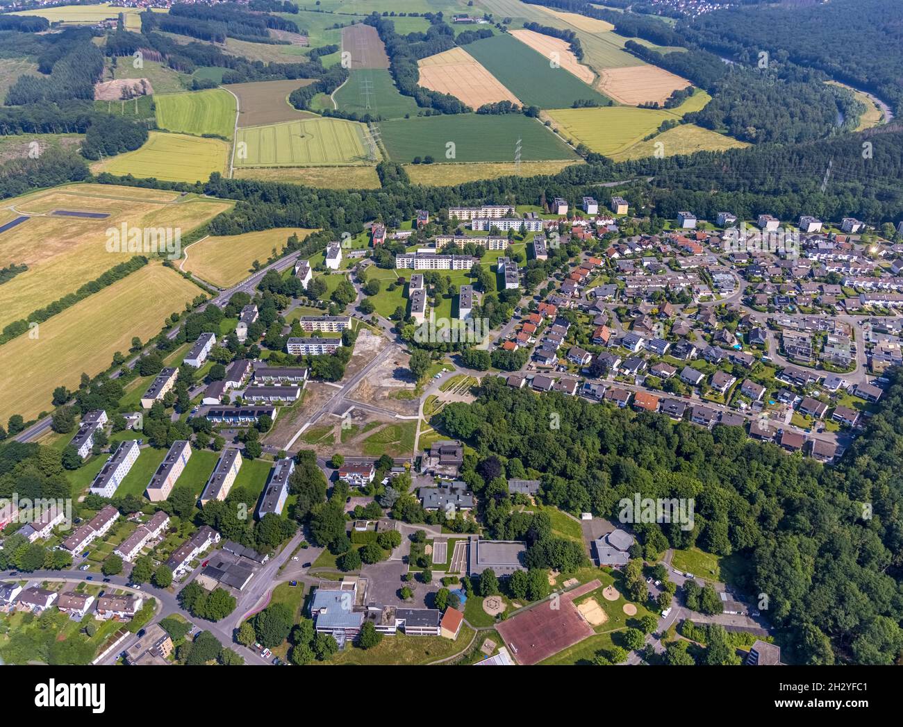 Luftaufnahme, Baustelle in Wohnsiedlung am Moosfelder Ring, Eschenstraße, Neheim, Arnsberg, Sauerland, Nordrhein-Westfalen, Deutschland, DE, Stockfoto