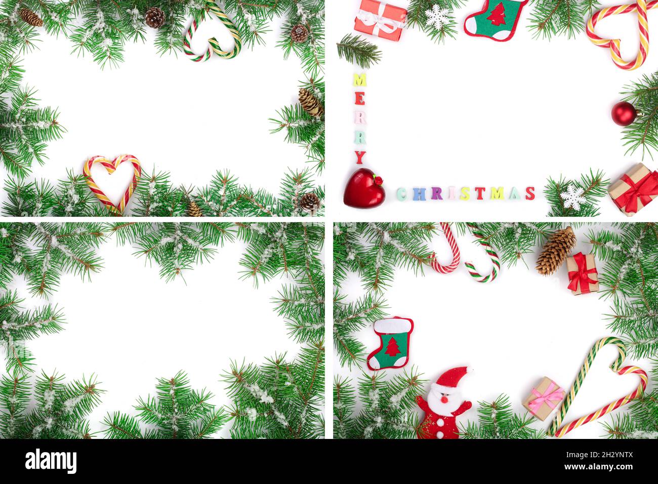 Weihnachten Rahmen der Fir Tree Branch mit Schnee auf weißem Hintergrund mit Kopie Platz für Ihren Text isoliert. Ansicht von oben Stockfoto