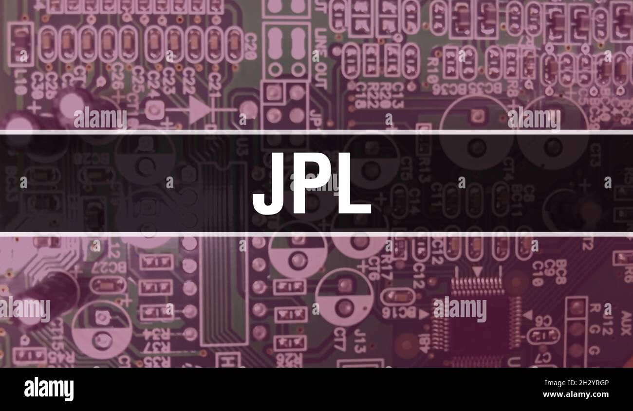 JPL mit Hintergrund für die Technologie der elektronischen Computerhardware. Abstrakter Hintergrund mit Electronic Integrated Circuit und JPL. Elektronikplatine. Stockfoto