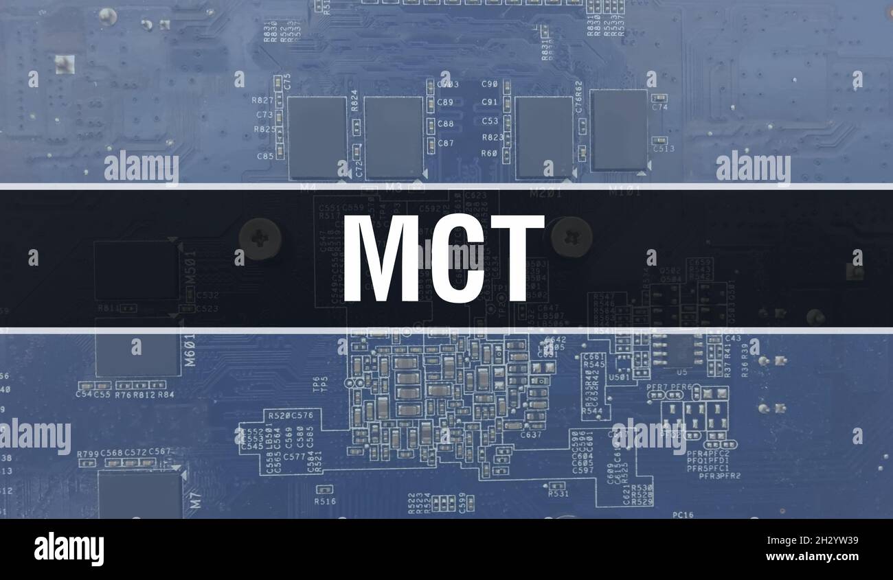 MCT-Konzept mit elektronischer integrierter Schaltung auf Leiterplatte. MCT mit Computerchip in Circuit Board abstrakter Technologie Hintergrund und Chip schließen Stockfoto