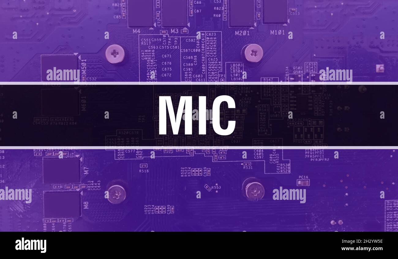 MIC mit elektronischen Komponenten auf integrierter Leiterplatte Hintergrund.Digital Electronic Computer Hardware und Secure Data Konzept. Computer-Motherboa Stockfoto