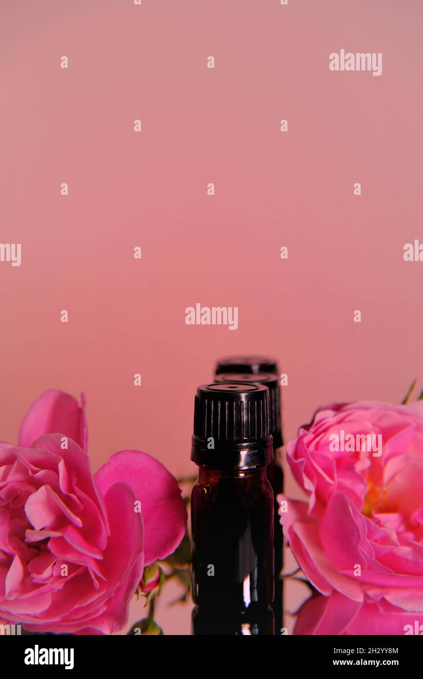 Ätherisches Rosenöl.Aromatherapie- und Kosmetikkonzept. Braune Glasflaschen und rosa Rosenblüten auf hellrosa background.Organic natürlichem Rosenöl. Stockfoto