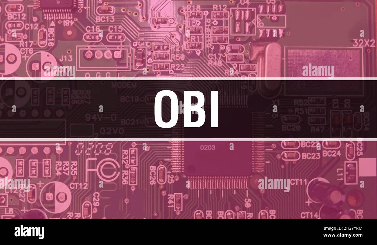 Abbildung des OBI-Konzepts mit Computerchip in der Leiterplatte. OBI-Nahaufnahme des integrierten Schaltungsplatinen-Hintergrunds. OBI auf elektronischem Computer Hardwa Stockfoto