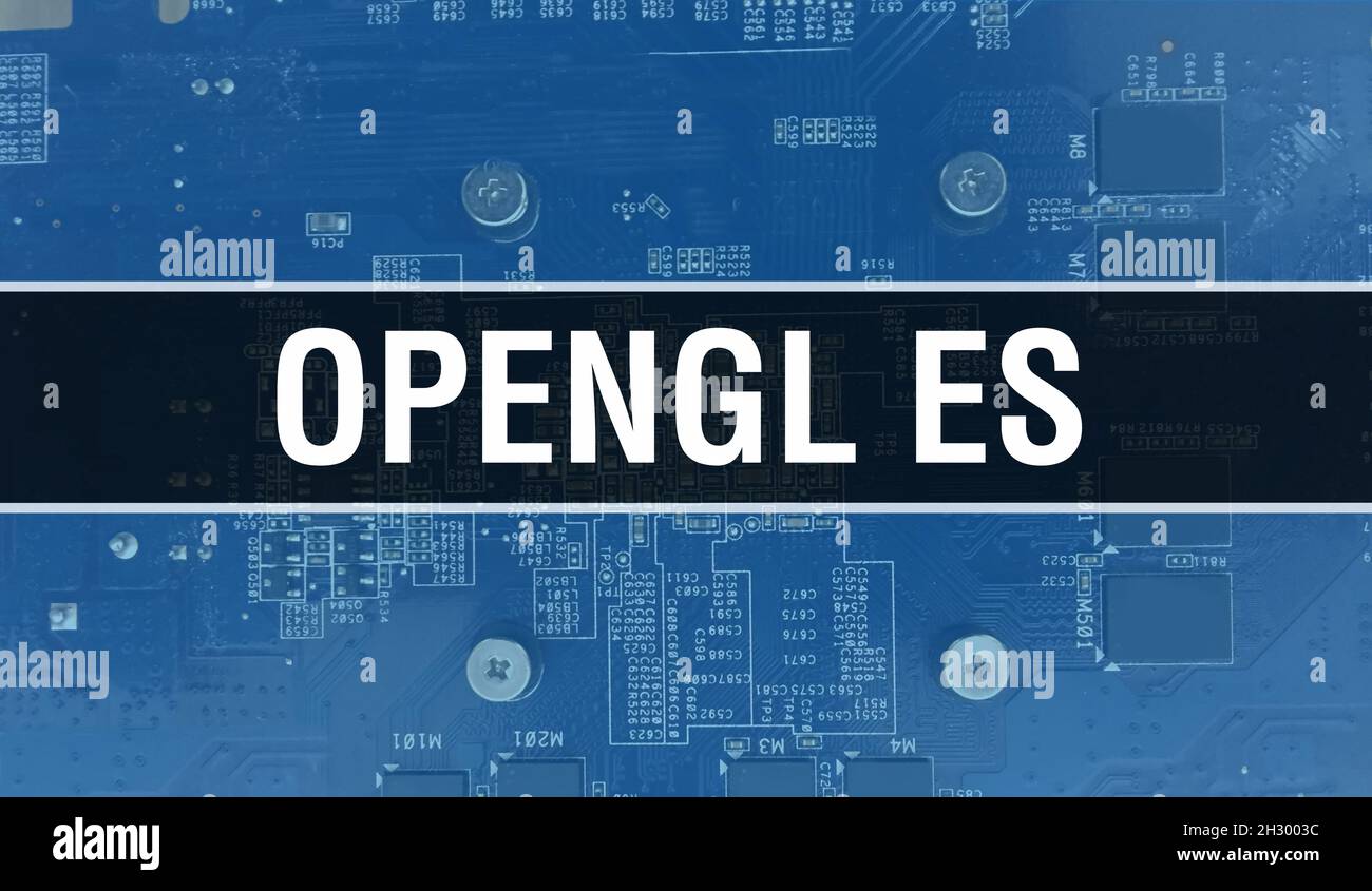 OpenGL es mit Technologie Motherboard Digital. OpenGL es und Computer Circuit Board Elektronische Computer Hardware Technologie Motherboard Digital Chip c Stockfoto