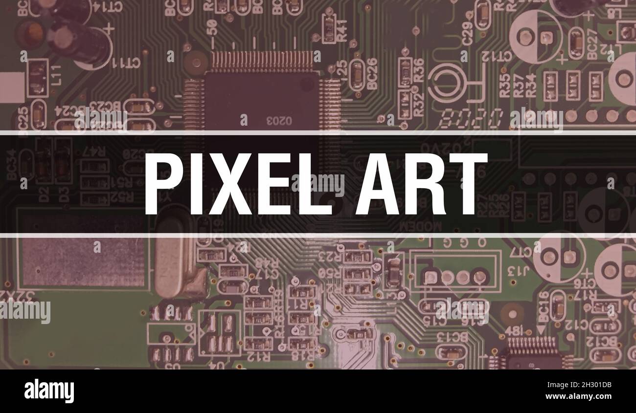 Pixel Art-Konzeptdarstellung mit Computerchip in der Leiterplatte. Pixel Art Nahaufnahme des integrierten Schaltungshintergrunds. Pixel Art auf Electron Stockfoto