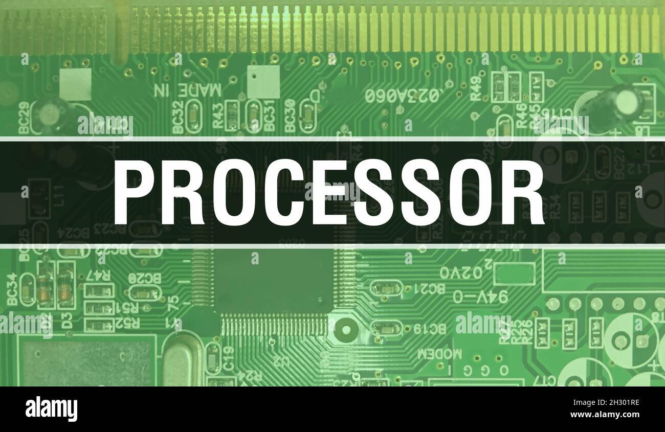 Prozessorkonzept mit Computer-Mainboard. Prozessortext auf dem Hintergrund der Technologie-Hauptplatine Digitale Technologie geschrieben. Prozessor mit gedruckter CI Stockfoto