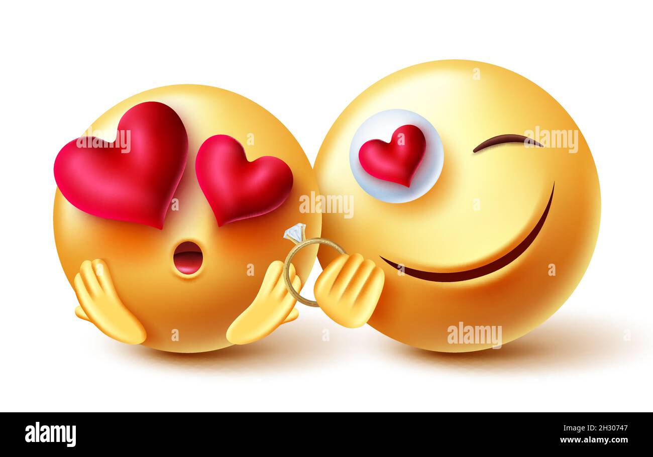 Smileys paar Vektor Konzept Design. Emoji 3d schlägt Smiley-Charakter mit  Verlobungsring für Valentinstag Geschenk und Vorschlag Emoticon  Stock-Vektorgrafik - Alamy