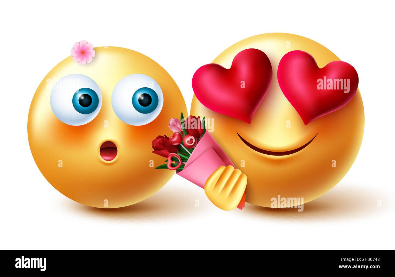 Emoji Paar valentine Vektor Konzept Design. 3d Inlove Smiley Emojis Charakter mit Blumenstrauß für valentinstag und Jubiläumsfeier Emoticon. Stock Vektor