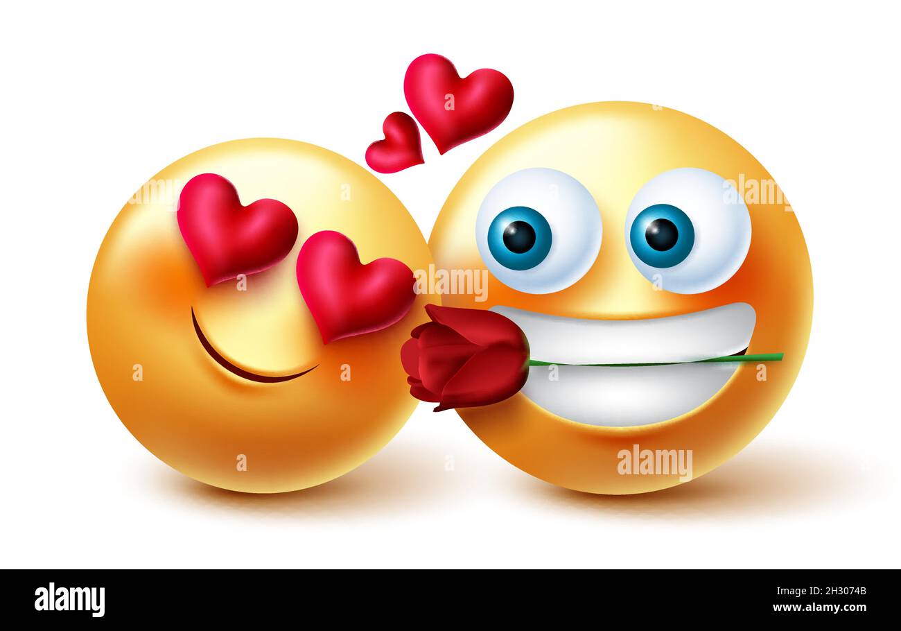 Emoji Paar valentine Vektor-Design. Smileys 3d-Liebhaber Konzept mit Rose und Herzen Elemente für Valentinstag Jubiläumsfeier Emoticon. Stock Vektor