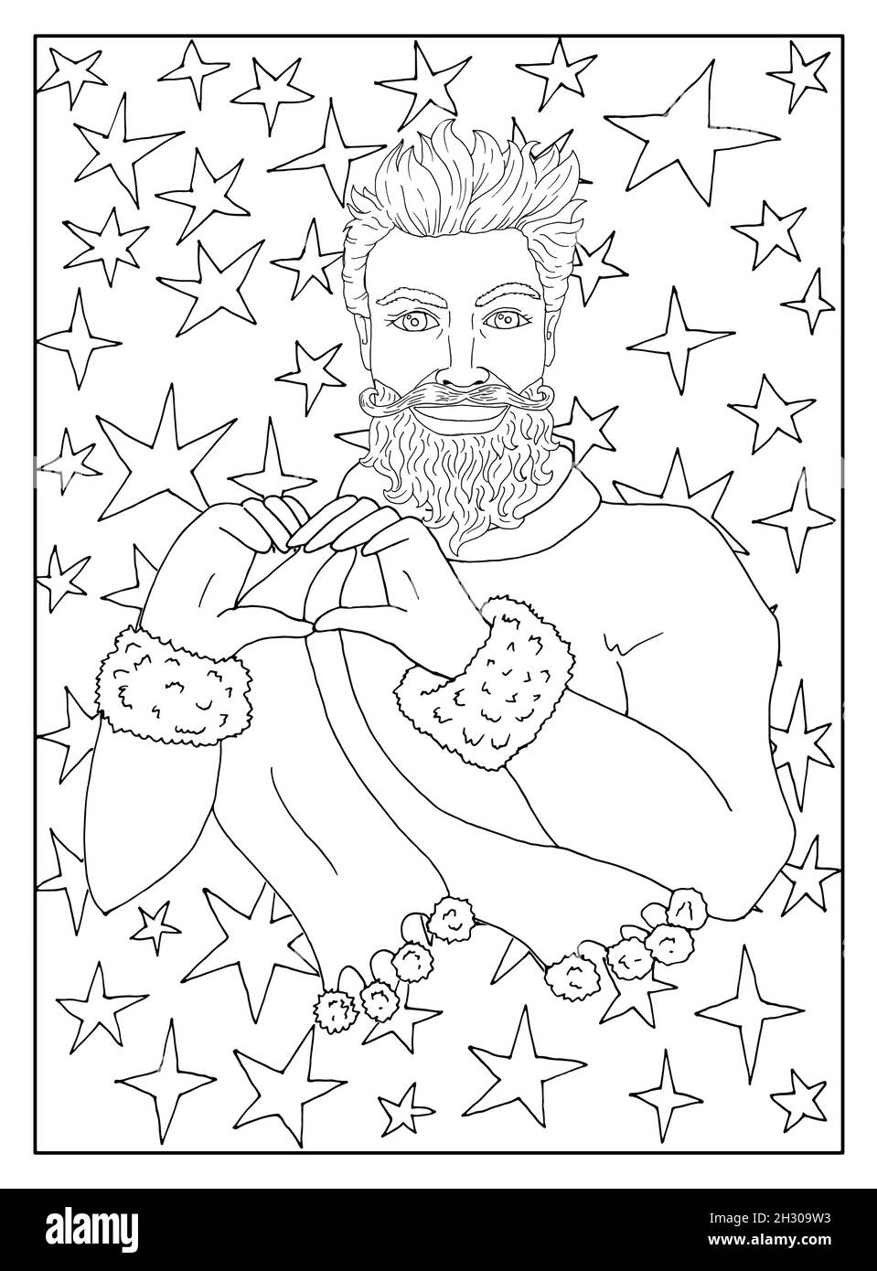 Schöner Weihnachtsmann zeigt Herz-Symbol vor Hintergrund mit Sternen. Schwarz-weiße Linie Kunst. Malseite. Vektorgrafik mit Weihnachten Stock Vektor