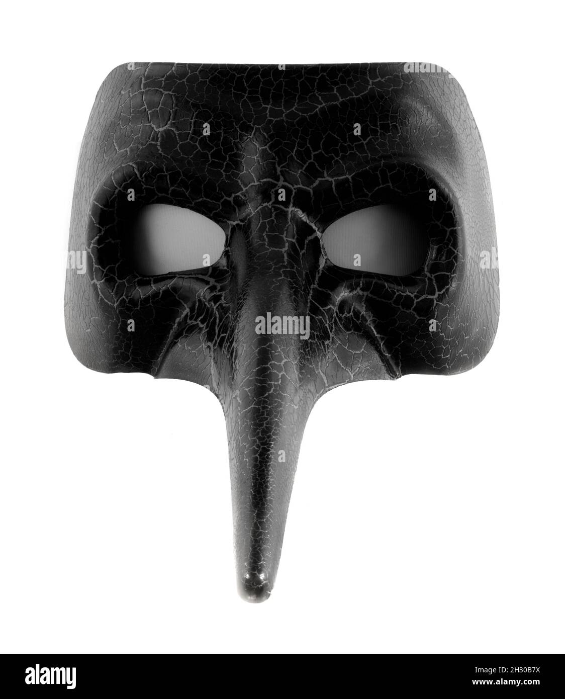Schwarze Crackle Maske Mit Langer Nase, Isoliert Auf Weißem Hintergrund Stockfoto