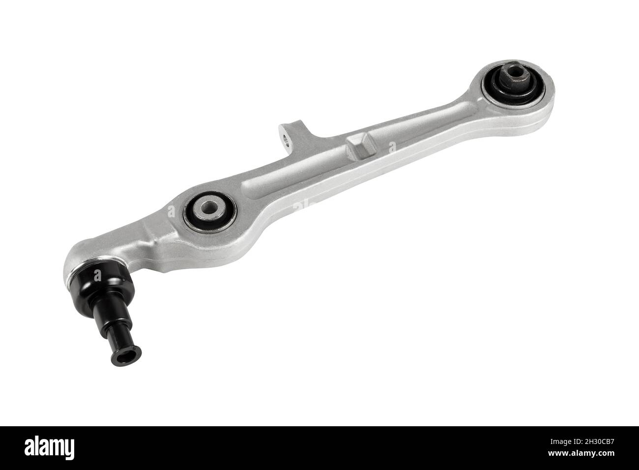 Unabhängiger, auf weißem Hintergrund isolierter Radaufhängungsarm. Der Aufhängungslenker ist ein Ersatzteil des Fahrzeugs. Stockfoto