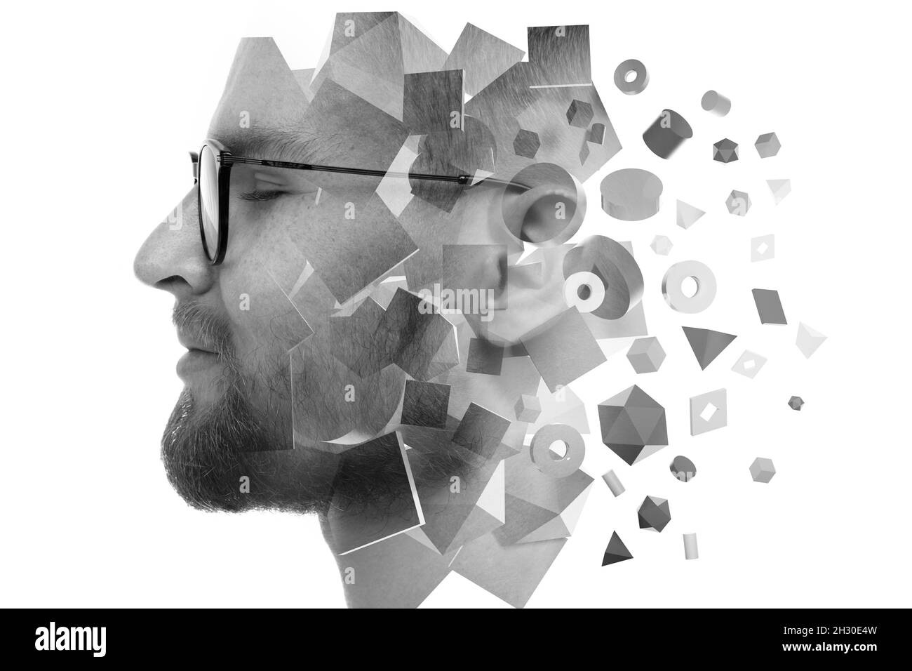 Ein Profilporträt eines Mannes kombiniert mit 3D-Formen. Doppelbelichtungstechnik. Stockfoto
