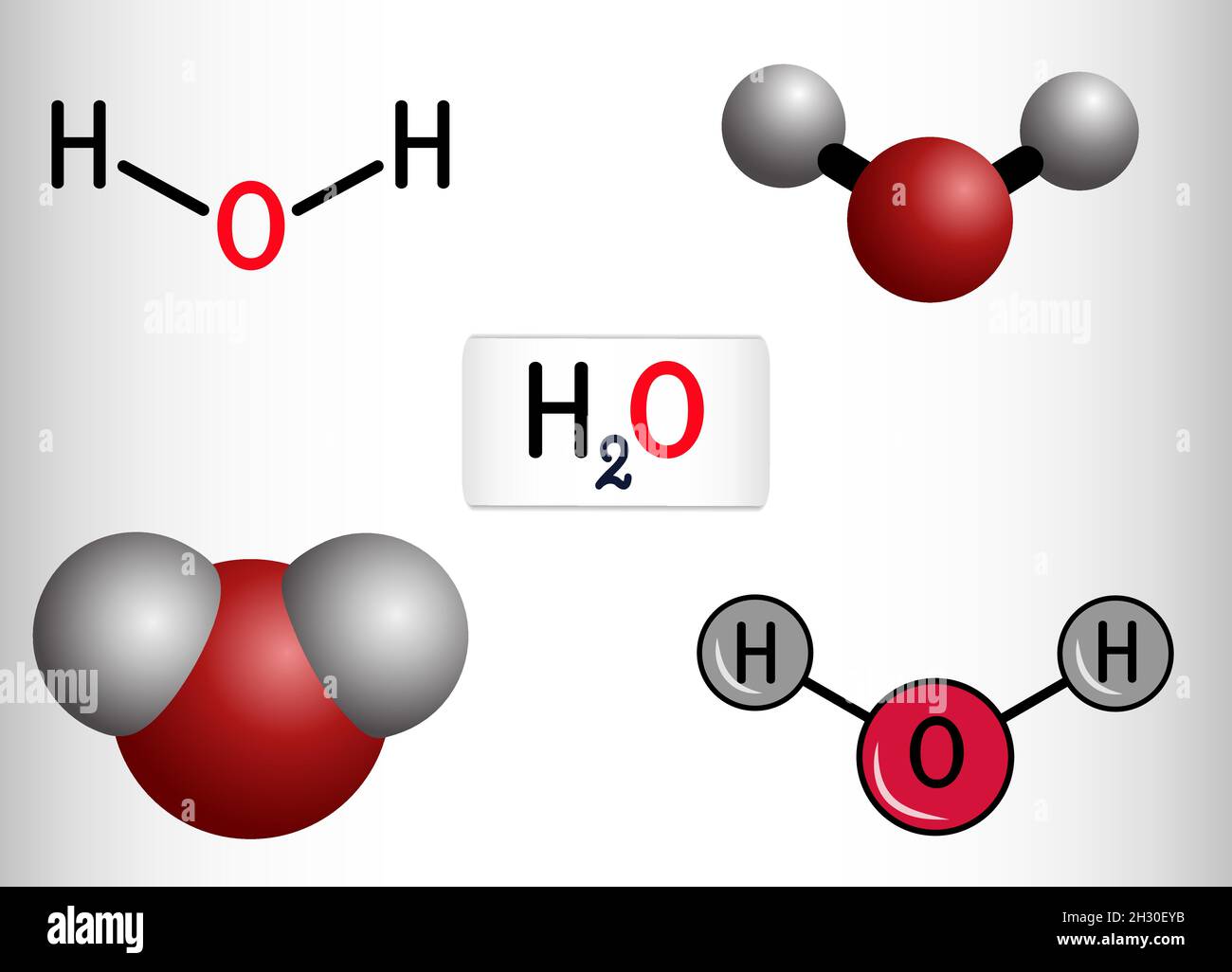Wasser, H2O, HOH-Molekül. Es handelt sich um eine anorganische Hydroxy-Verbindung, Sauerstoffhydrid, bestehend aus einem Sauerstoffatom und zwei Wasserstoffatomen. Strukturelle Chemikalie f Stock Vektor