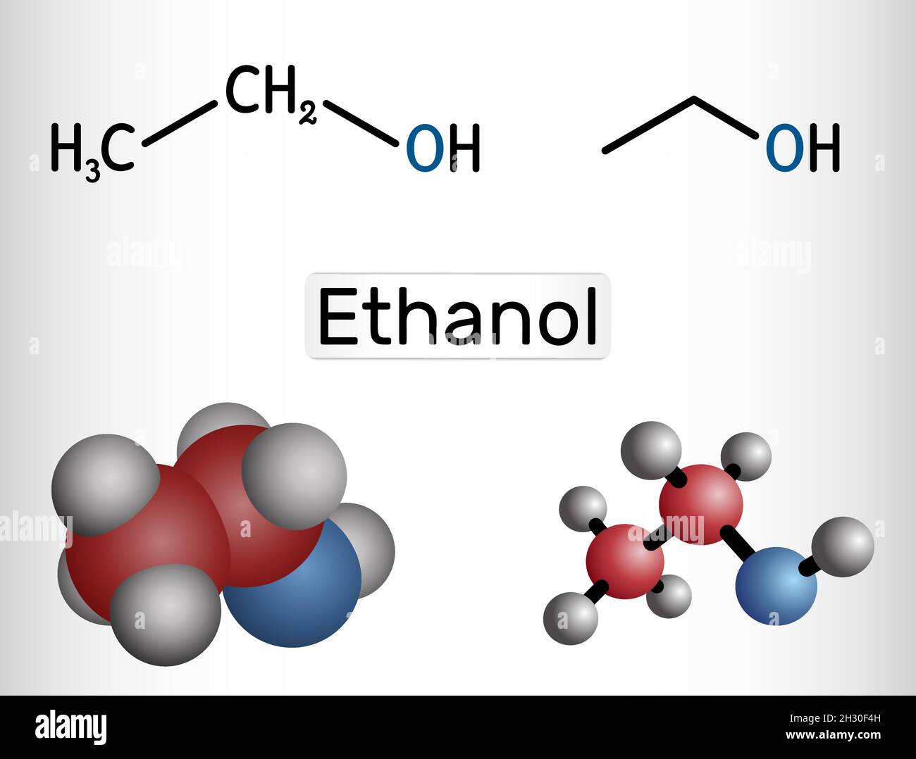Ethanol, C2H5OHMolekül. Es ist ein primärer Alkohol, ein Alkylalkohol. Strukturelle chemische