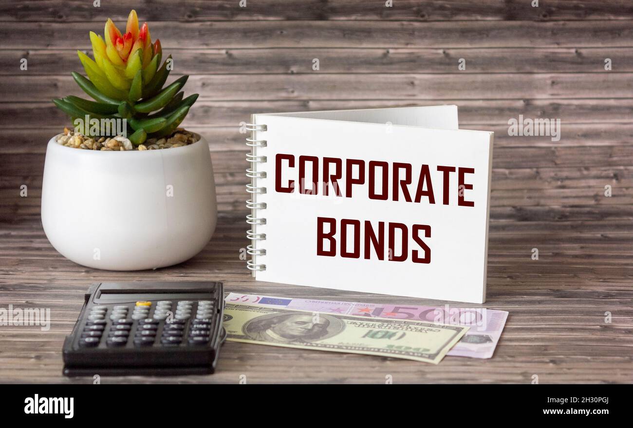 Kaktus und Rechner direkt über dem Arbeitsbereich des Holztisches mit dem Text CORPORATE BONDS. Stockfoto