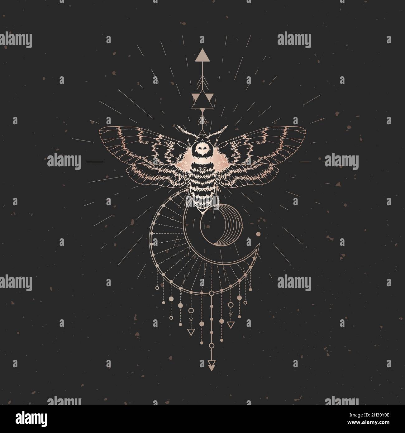 Vektor-Illustration mit handgezeichneter Totkopfmotte und geometrischem Sacred-Symbol auf schwarzem Vintage-Hintergrund. Abstraktes mystisches Zeichen. Goldene lineare Form. F Stock Vektor