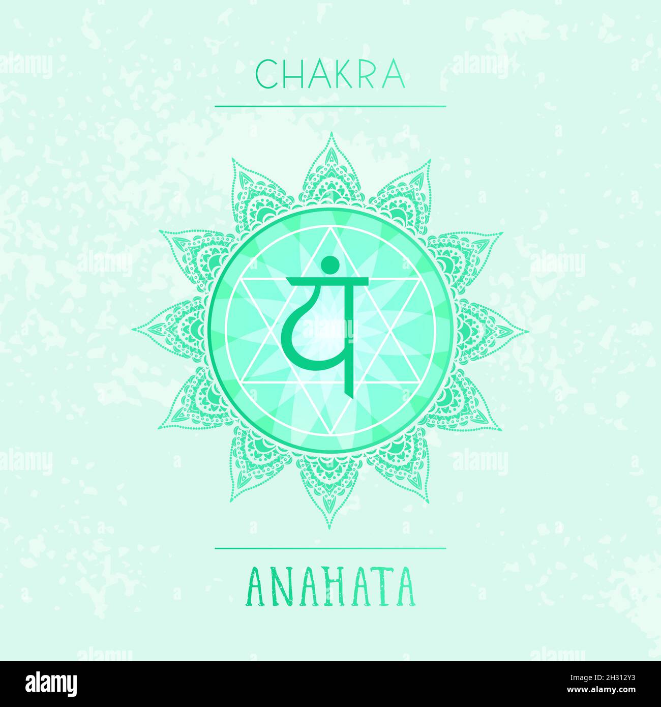 Vektor-Illustration mit Symbol Chakra Anahata auf Aquarell-Hintergrund. Kreis-Mandala-Muster und handgezeichnete Schriftzüge. Mehrfarbig. Stock Vektor