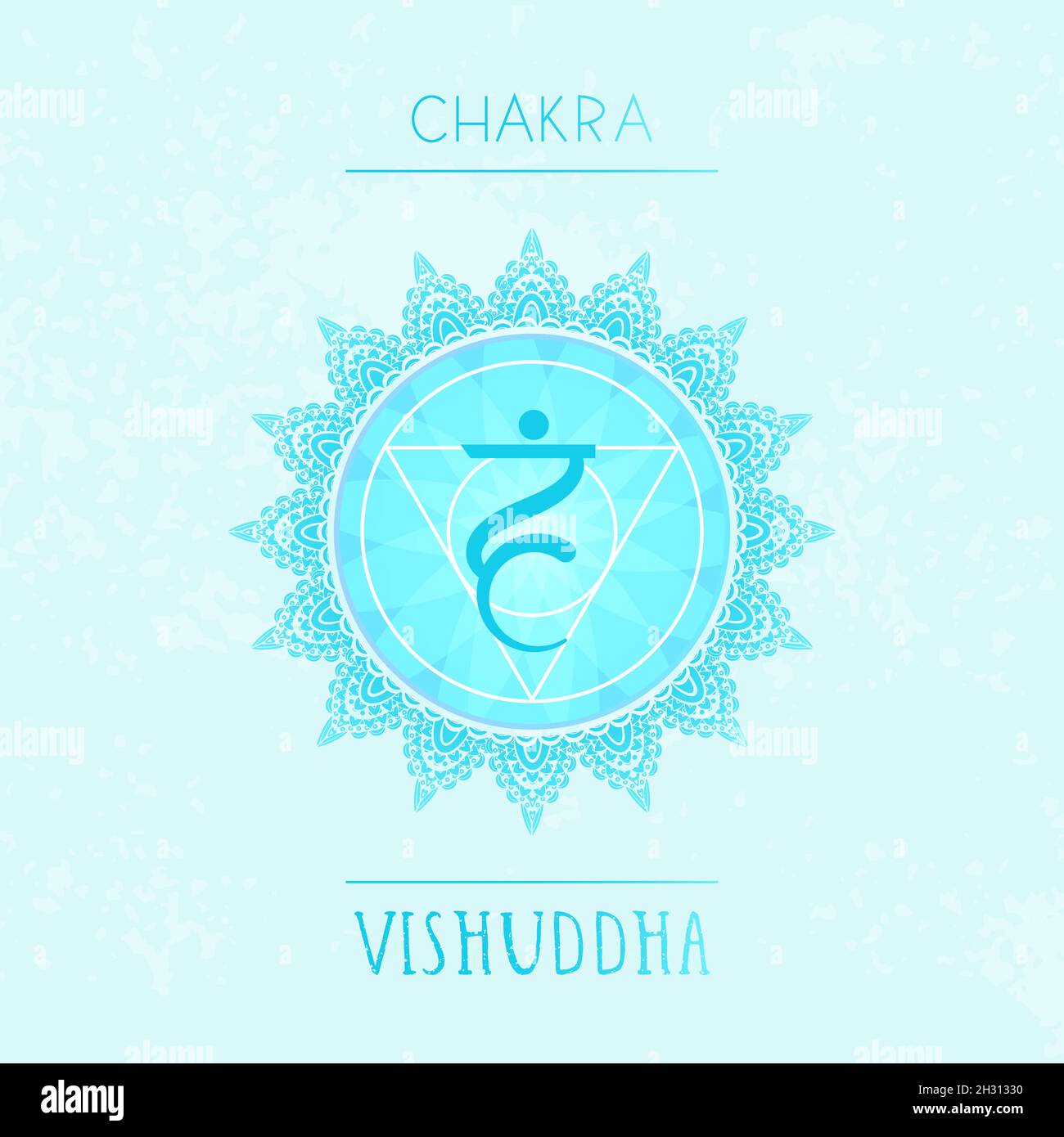 Vektor-Illustration mit Symbol Chakra Vishuddha auf Aquarell-Hintergrund. Kreis-Mandala-Muster und handgezeichnete Schriftzüge. Farbgebung Stock Vektor